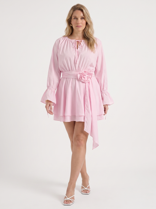 Candy Flower Belted Long Sleeve Mini Dress