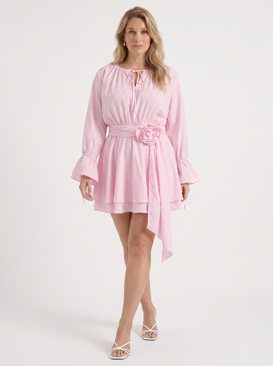 Candy Flower Belted Long Sleeve Mini Dress