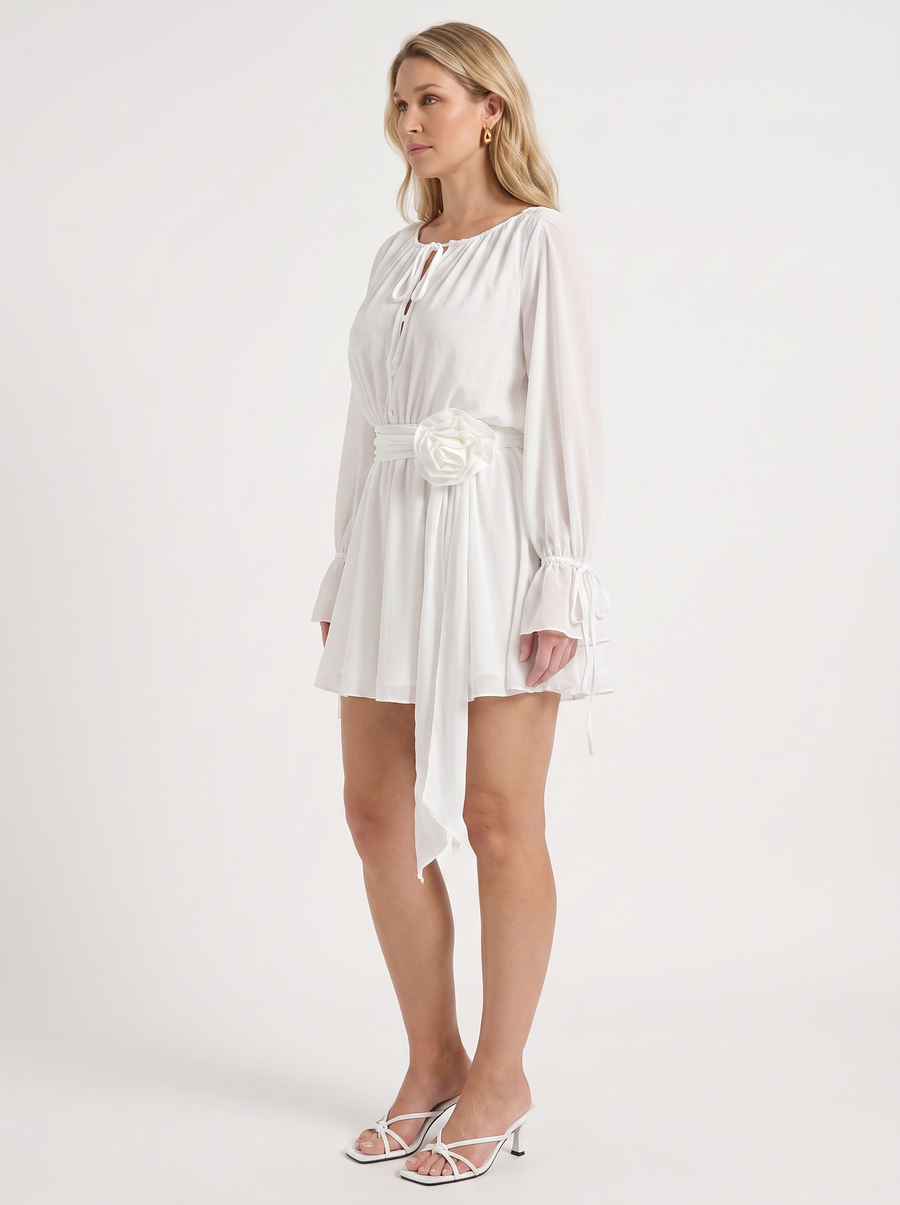 Candy Flower Belted Long Sleeve Mini Dress