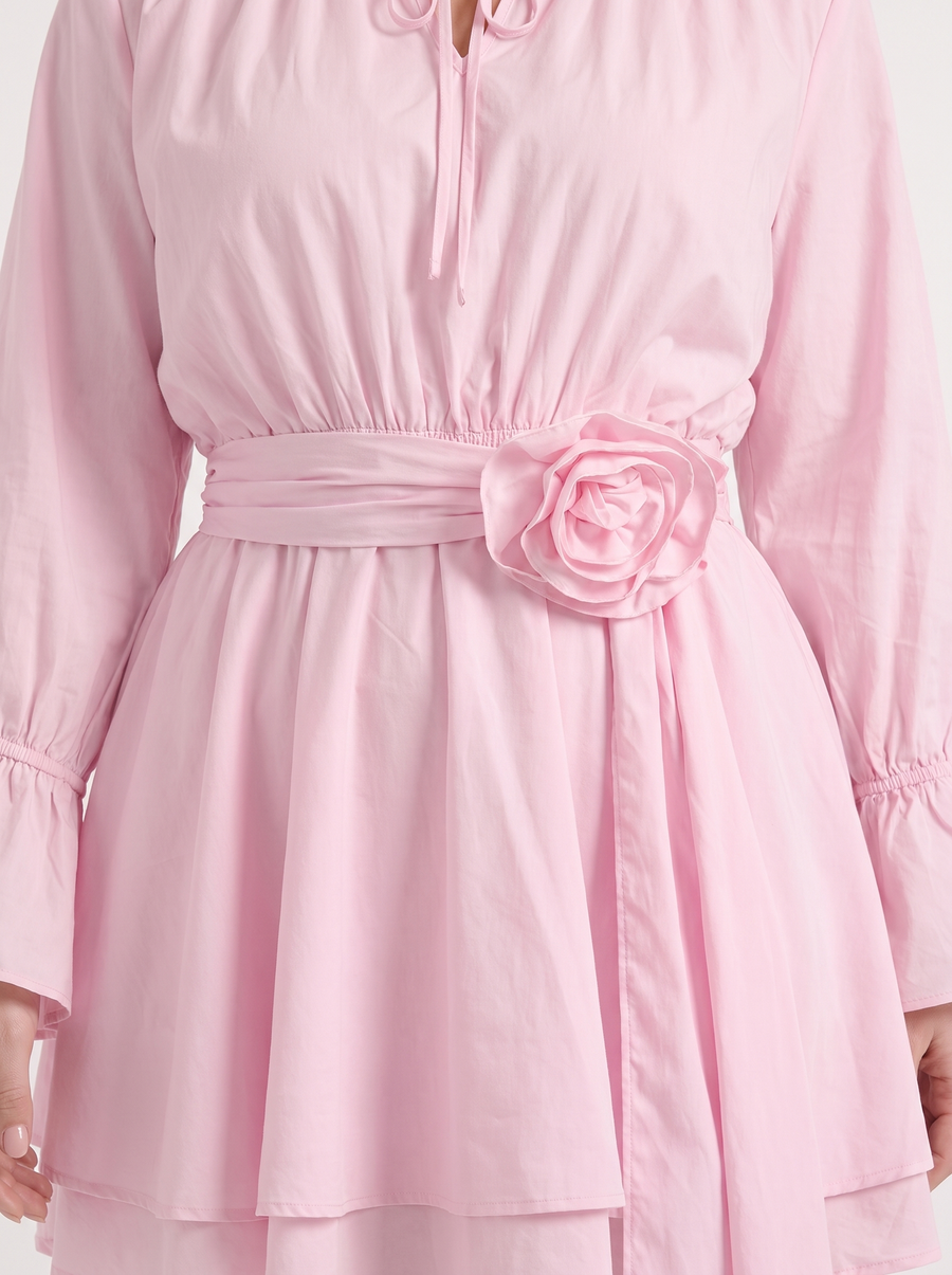 Candy Flower Belted Long Sleeve Mini Dress