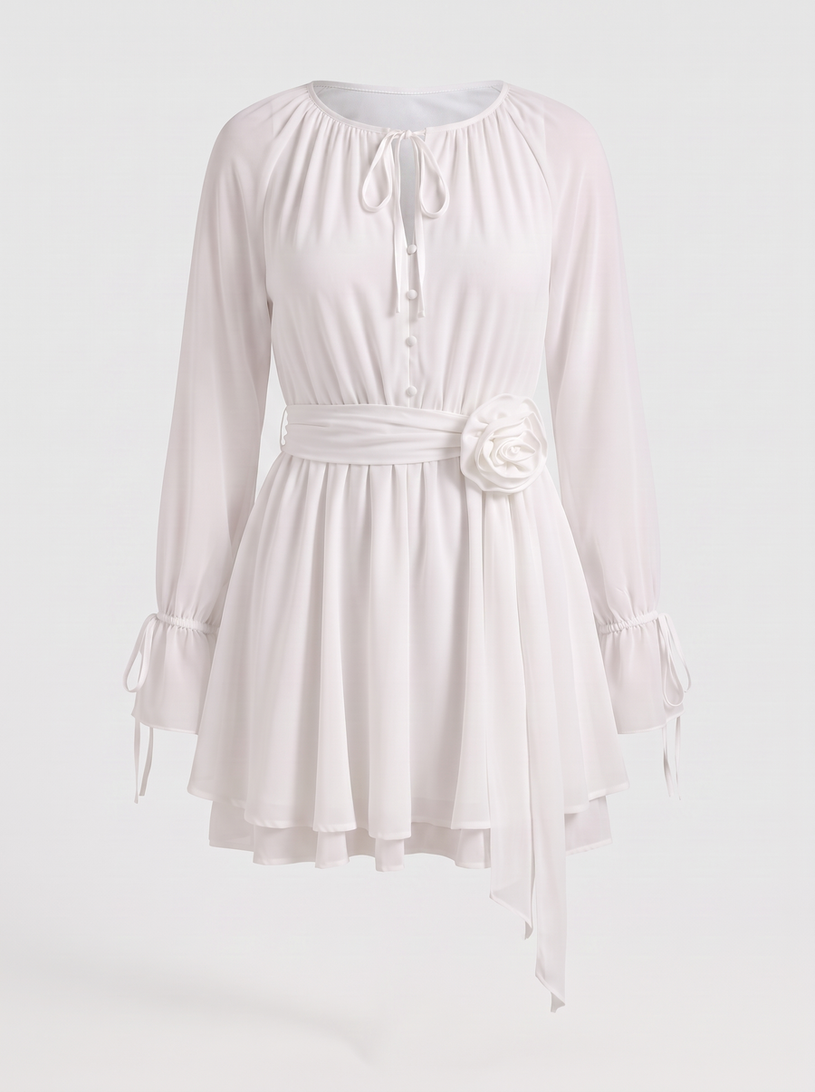 Candy Flower Belted Long Sleeve Mini Dress