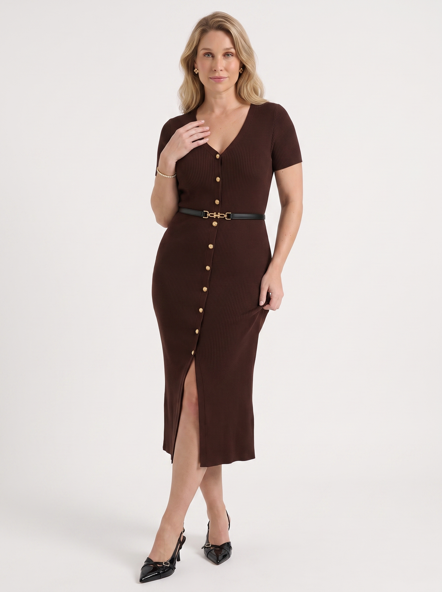 Rowan Gold Button Ribbed Knit Midi Dress