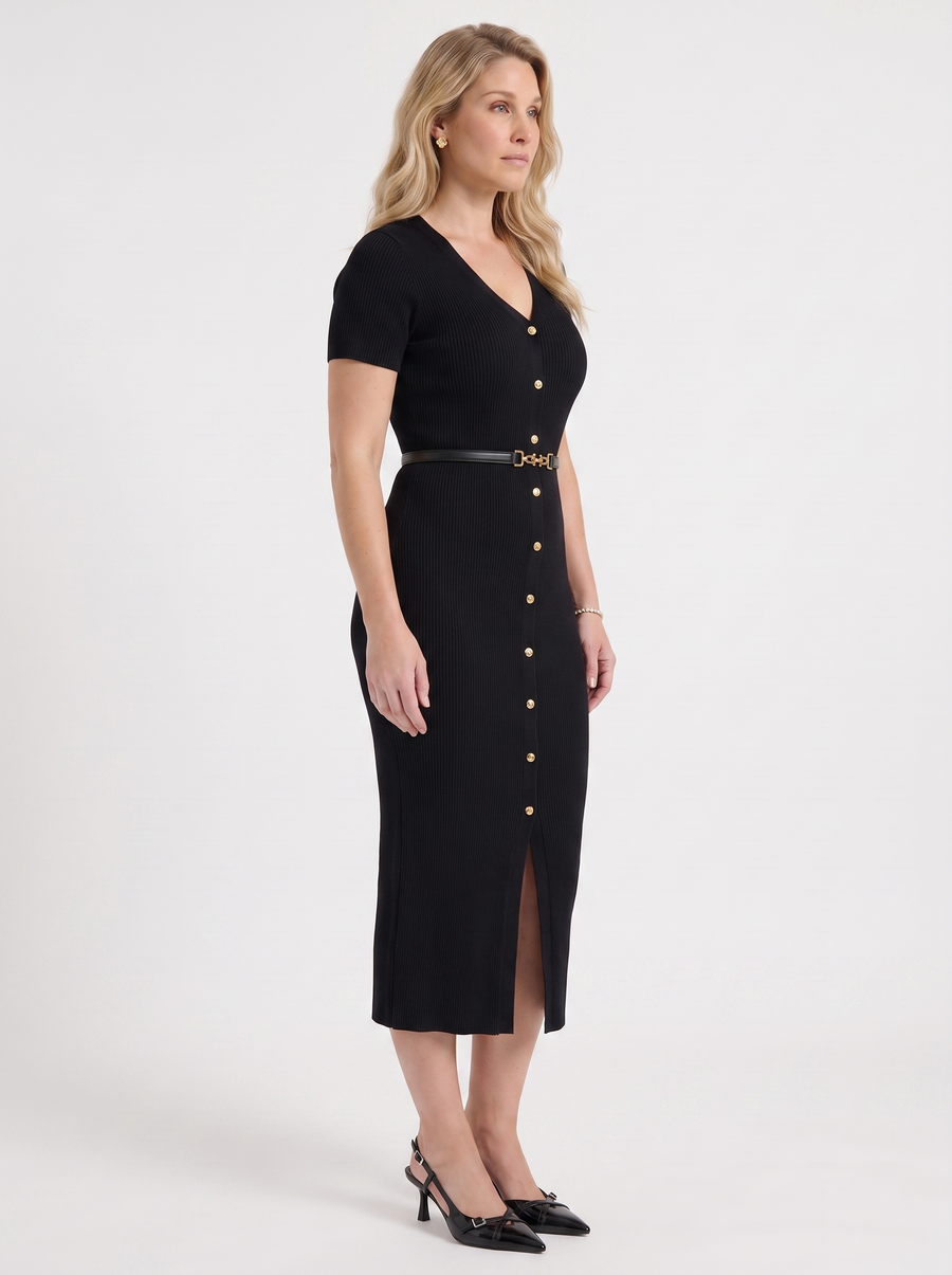 Rowan Gold Button Ribbed Knit Midi Dress