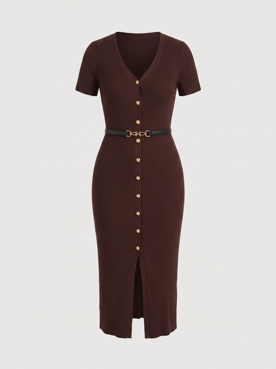 Rowan Gold Button Ribbed Knit Midi Dress