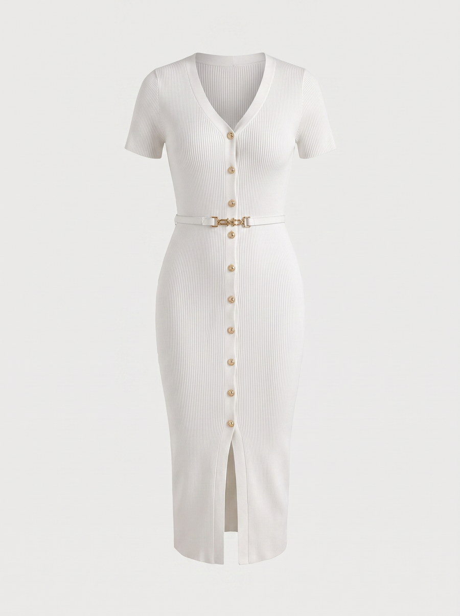 Rowan Gold Button Ribbed Knit Midi Dress