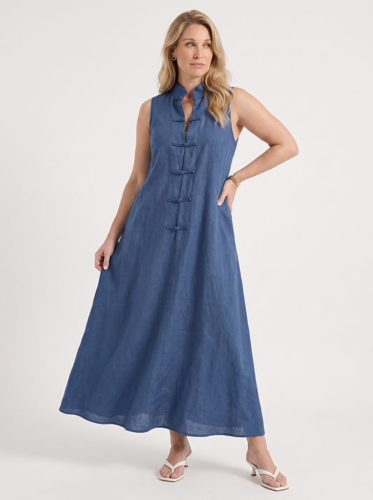 Rosie Mandarin Collar Frog Button Maxi Dress