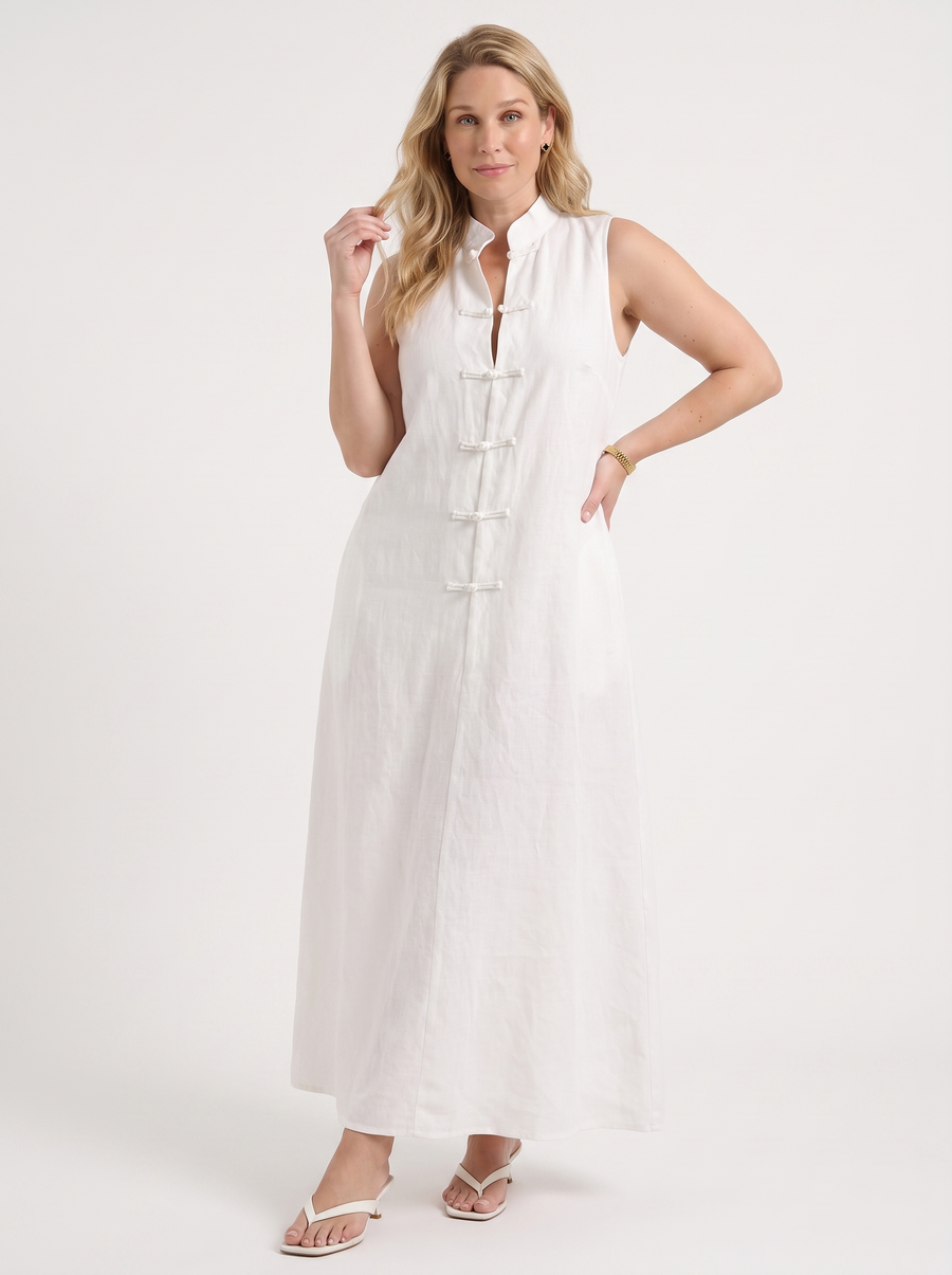 Rosie Mandarin Collar Frog Button Maxi Dress