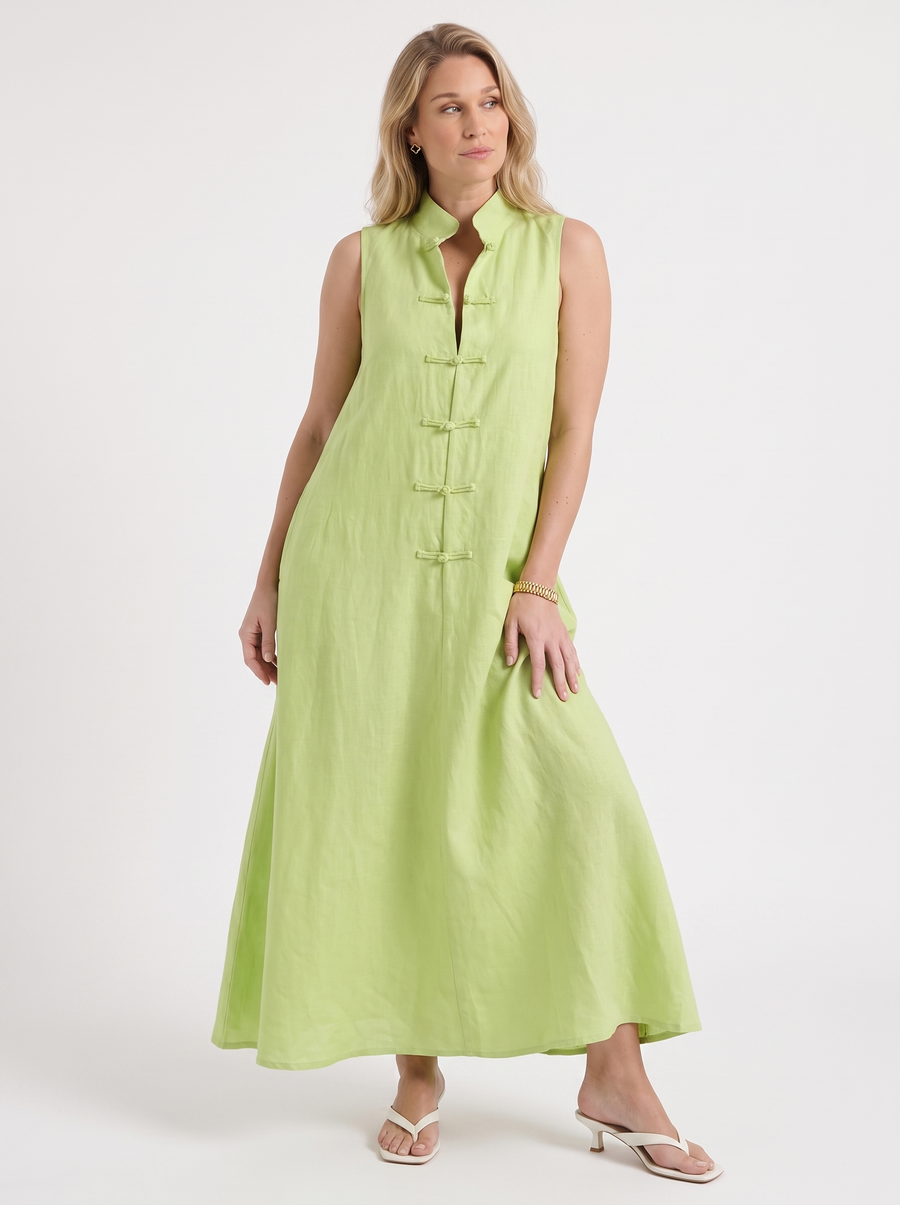 Rosie Mandarin Collar Frog Button Maxi Dress