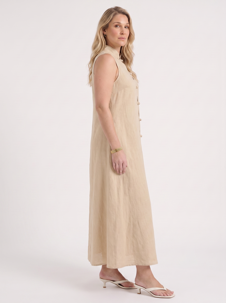 Rosie Mandarin Collar Frog Button Maxi Dress