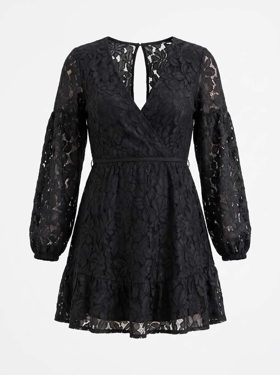Remy Floral Lace Balloon Sleeve Wrap Mini Dress