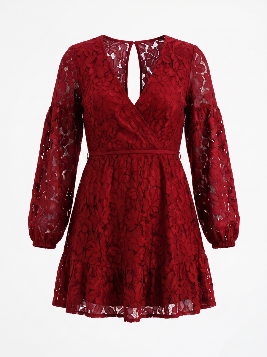 Remy Floral Lace Balloon Sleeve Wrap Mini Dress