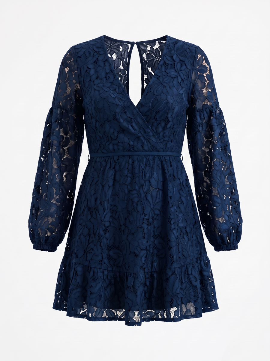 Remy Floral Lace Balloon Sleeve Wrap Mini Dress