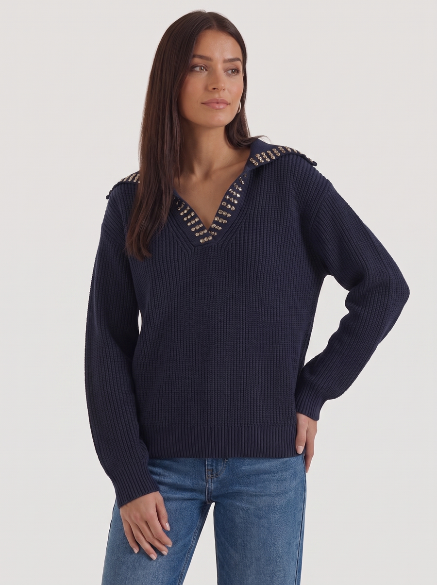 Darlene Studded Collar Wool Sweater