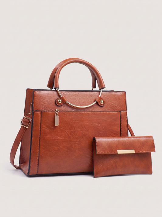 Handtasche aus Kunstleder mit Organizer – Braun, Frontansicht