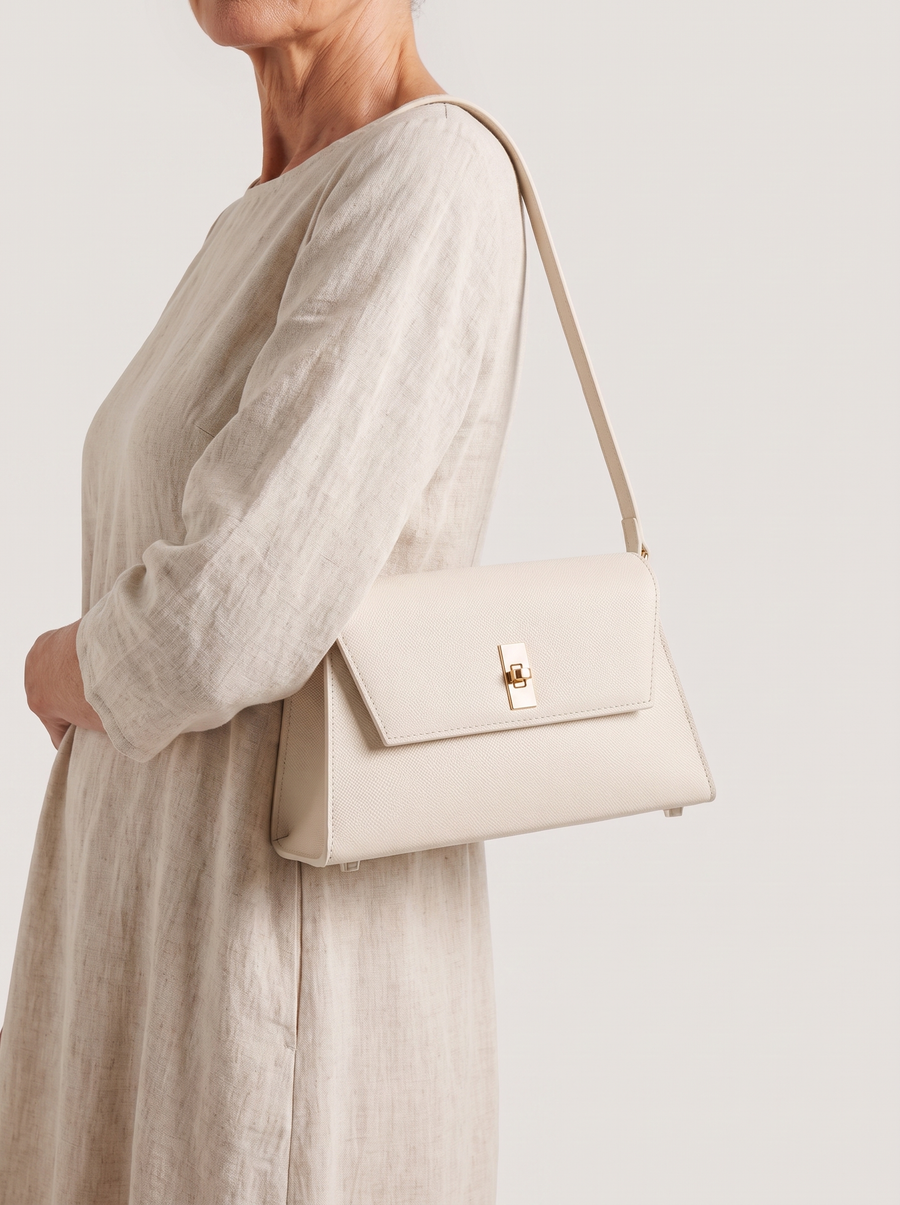 Kleine Handtasche aus Leder – Weiss, an der Schulter getragen