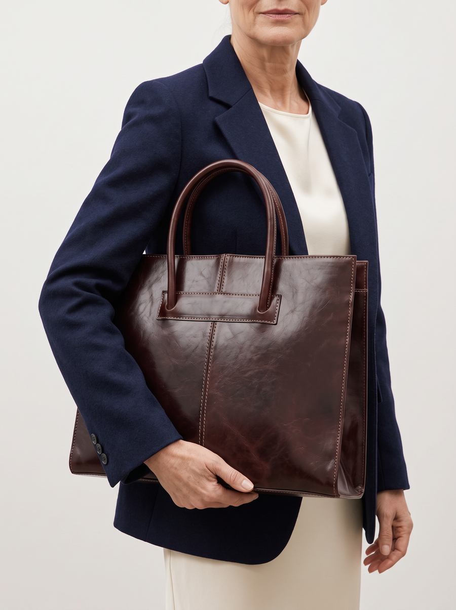 Geräumige Handtasche aus Leder – Braun, an der Schulter getragen