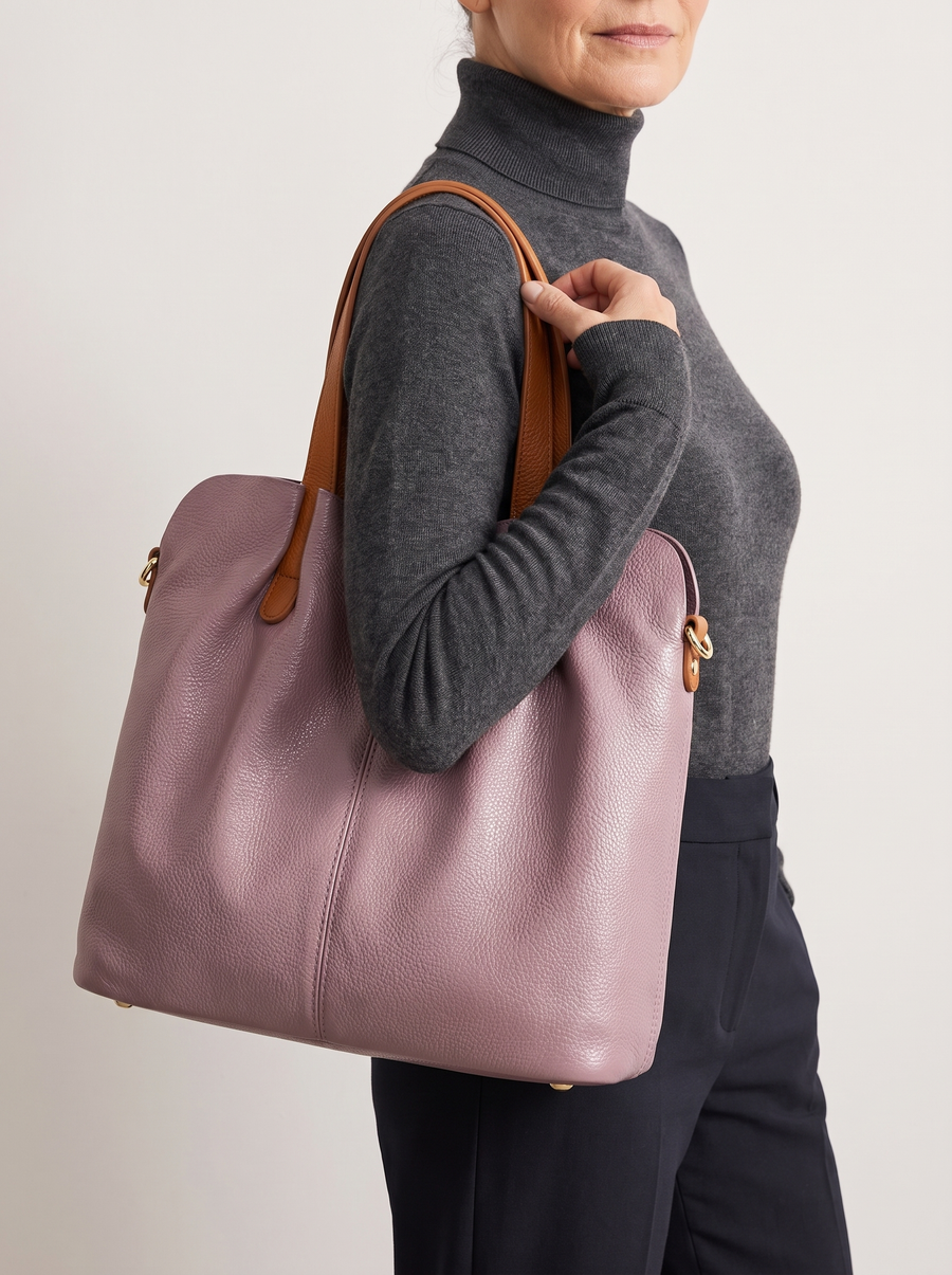 Alana Ledertasche mit Litchi-Prägung Lila getragen