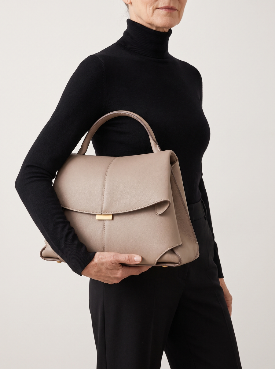 Elan Luxus-Ledertasche Beige getragen
