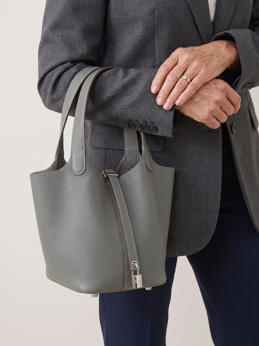 Kate Lock Bucket Bag mit Schlossverschluss Steingrau getragen