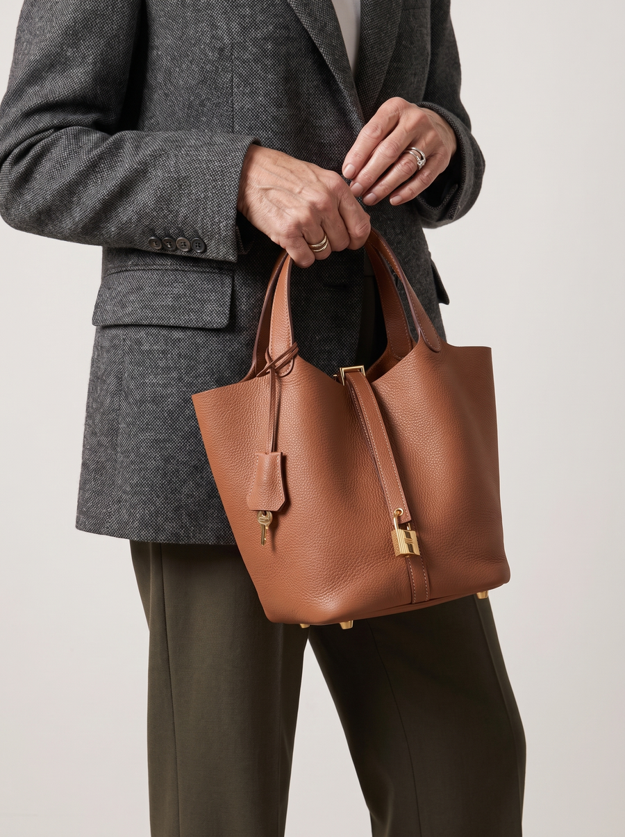Kate Lock Bucket Bag mit Schlossverschluss Braun getragen