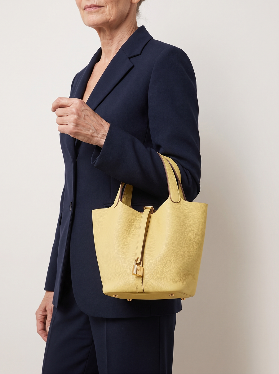 Kate Lock Bucket Bag mit Schlossverschluss Gelb getragen
