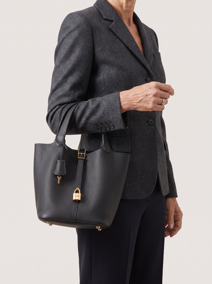 Kate Lock Bucket Bag mit Schlossverschluss Schwarz getragen