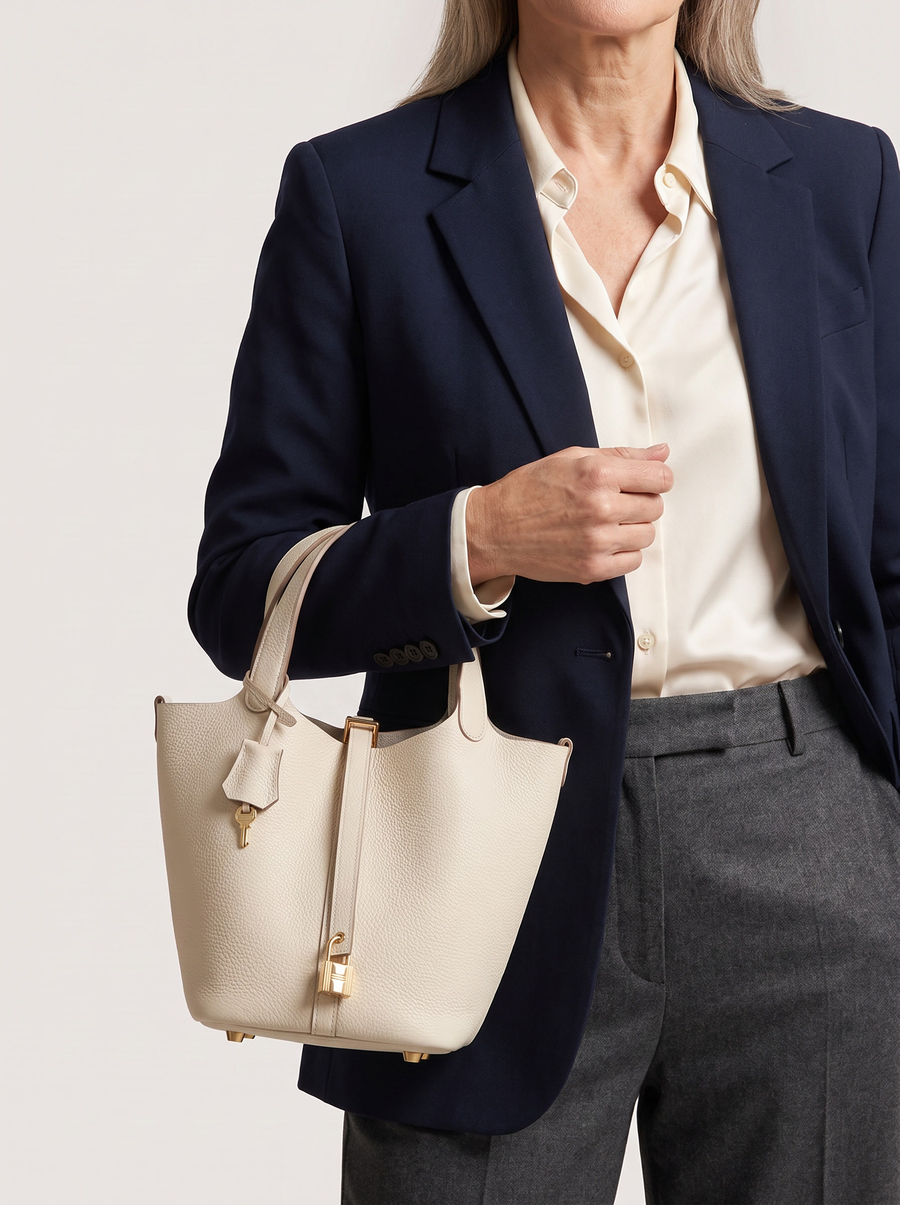 Kate Lock Bucket Bag mit Schlossverschluss Creme getragen