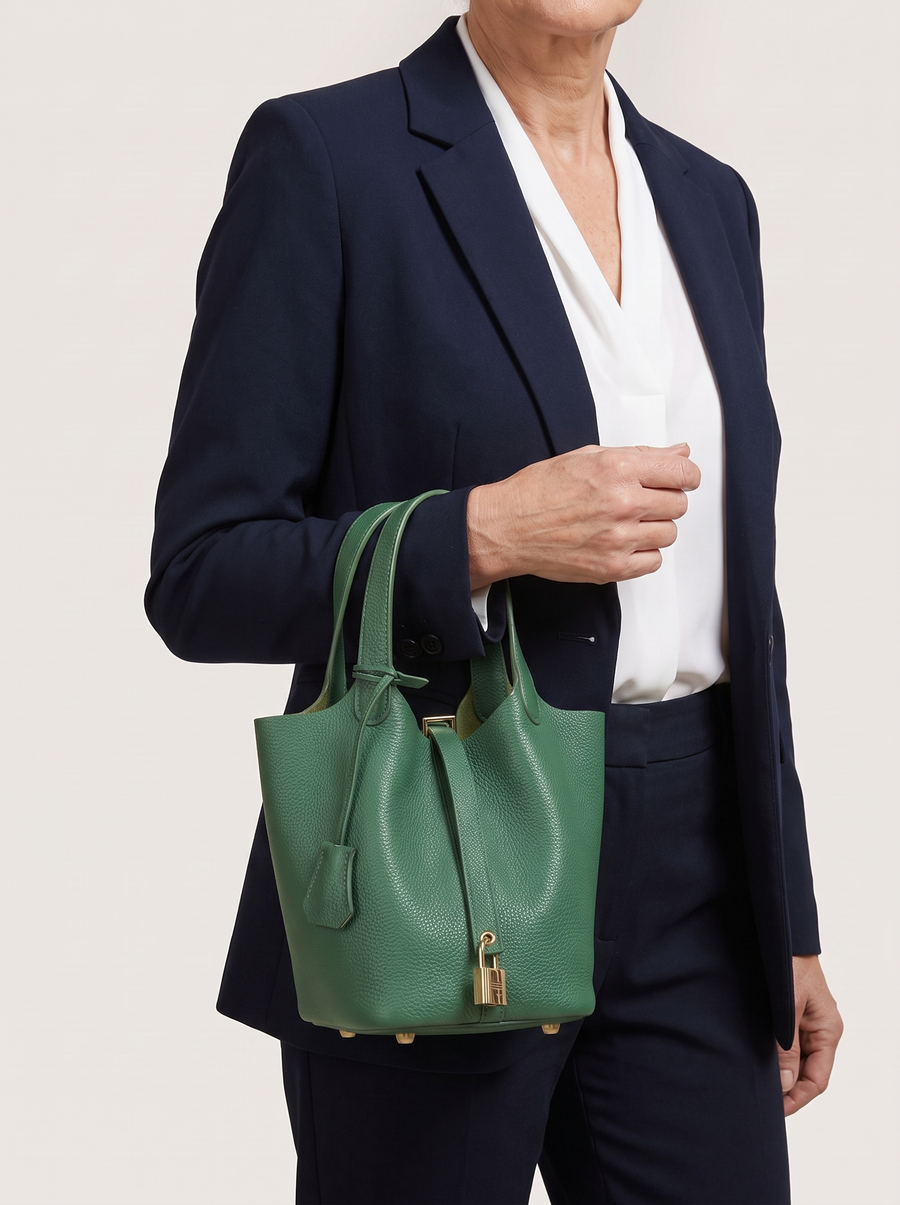 Kate Lock Bucket Bag mit Schlossverschluss Salbeigrün getragen
