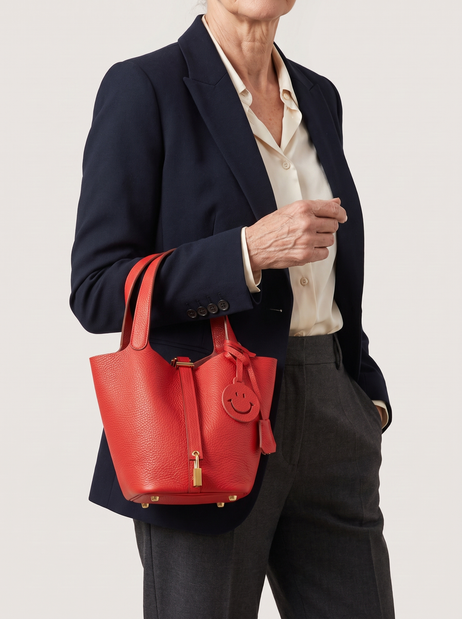 Kate Lock Bucket Bag mit Schlossverschluss Rot getragen