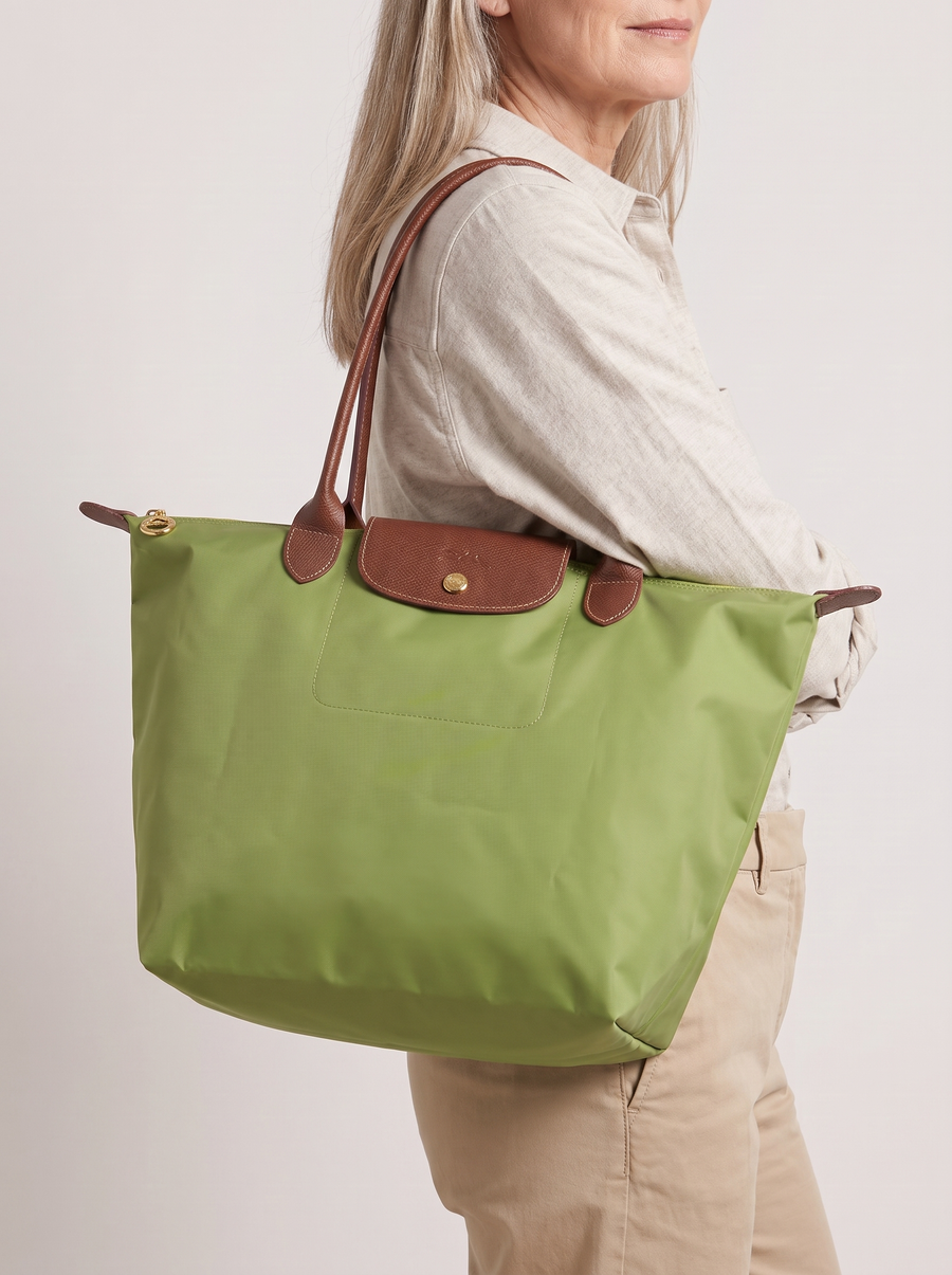 Tekka Schultertasche Hellgrün getragen