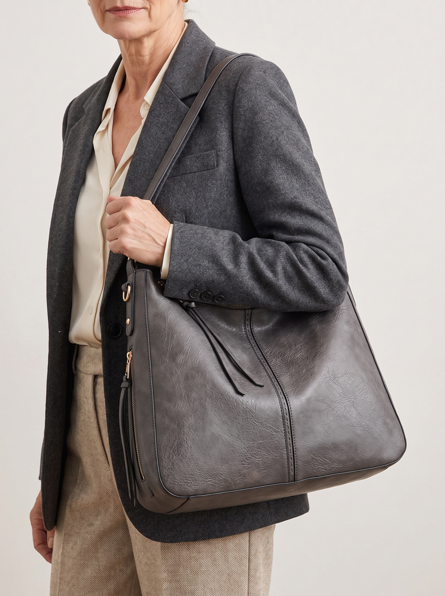 Freia Elegante Ledertasche Grau getragen