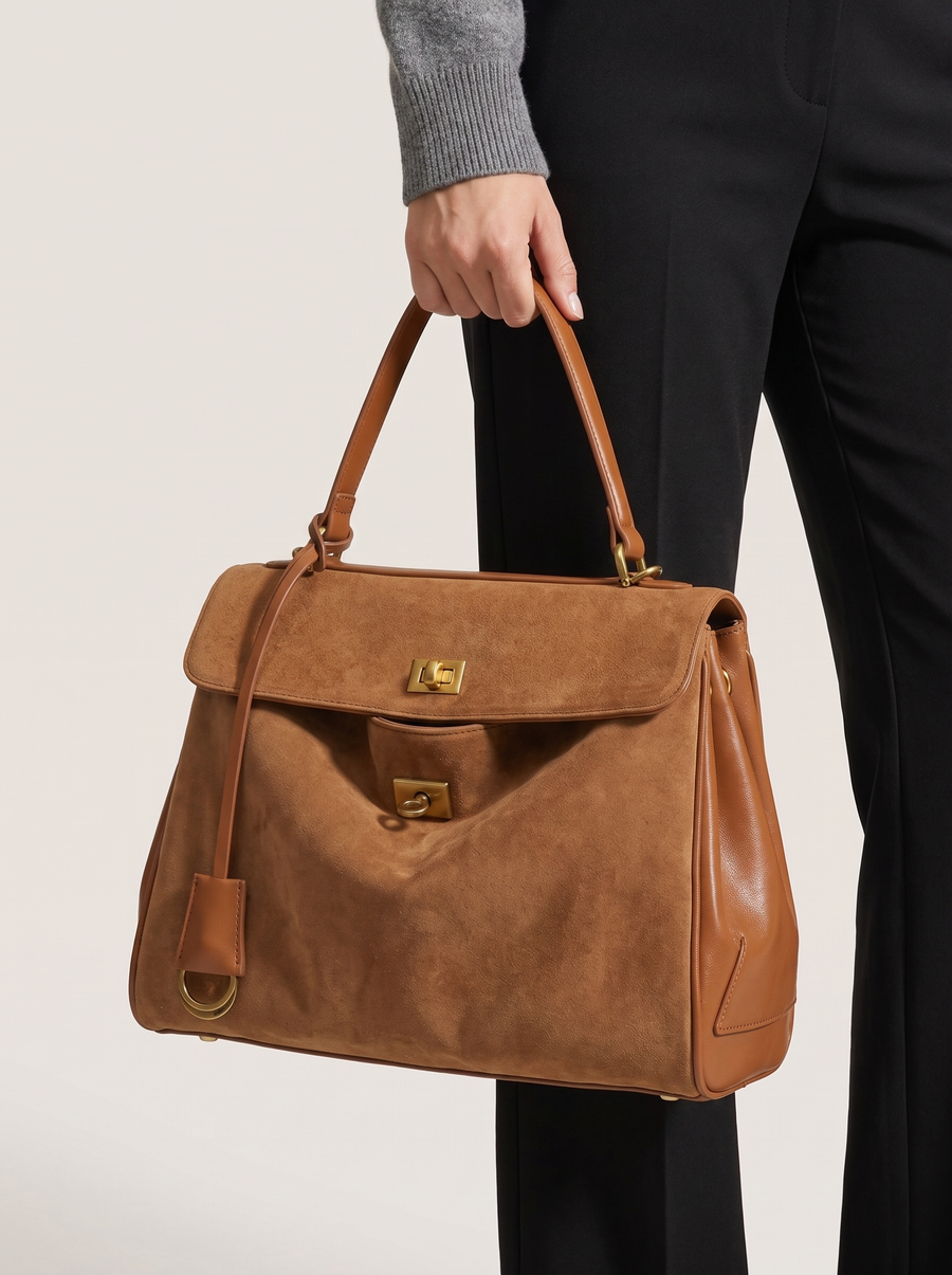 Libby Strukturierte Leder-Handtasche Karamell getragen