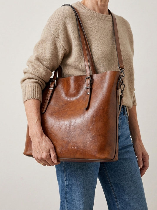 Loria Schultertasche Braun am Modell