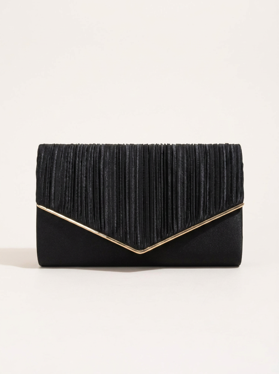 Plissierte Clutch mit Kettenriemen - Schwarz - Front