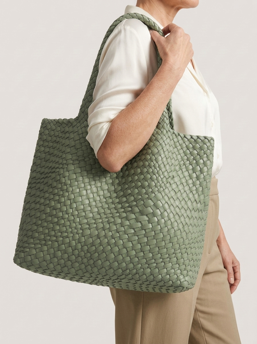 Geflochtene Henkeltasche aus gewebten Panels - Salbeigrün - Model