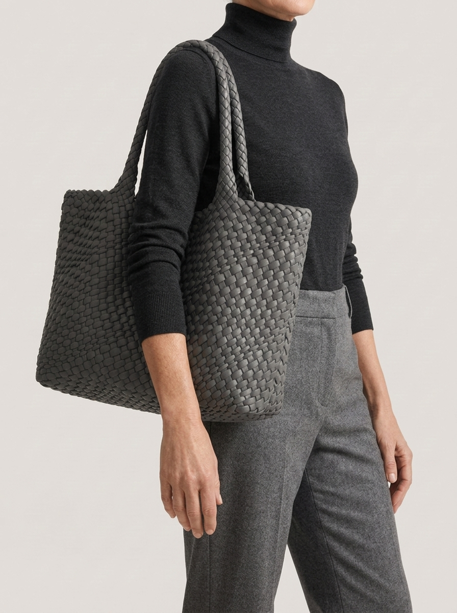 Geflochtene Henkeltasche aus gewebten Panels - Grau - Model