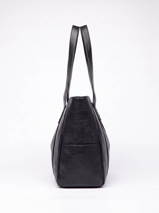 Nina Black Leather Shoulder Tote