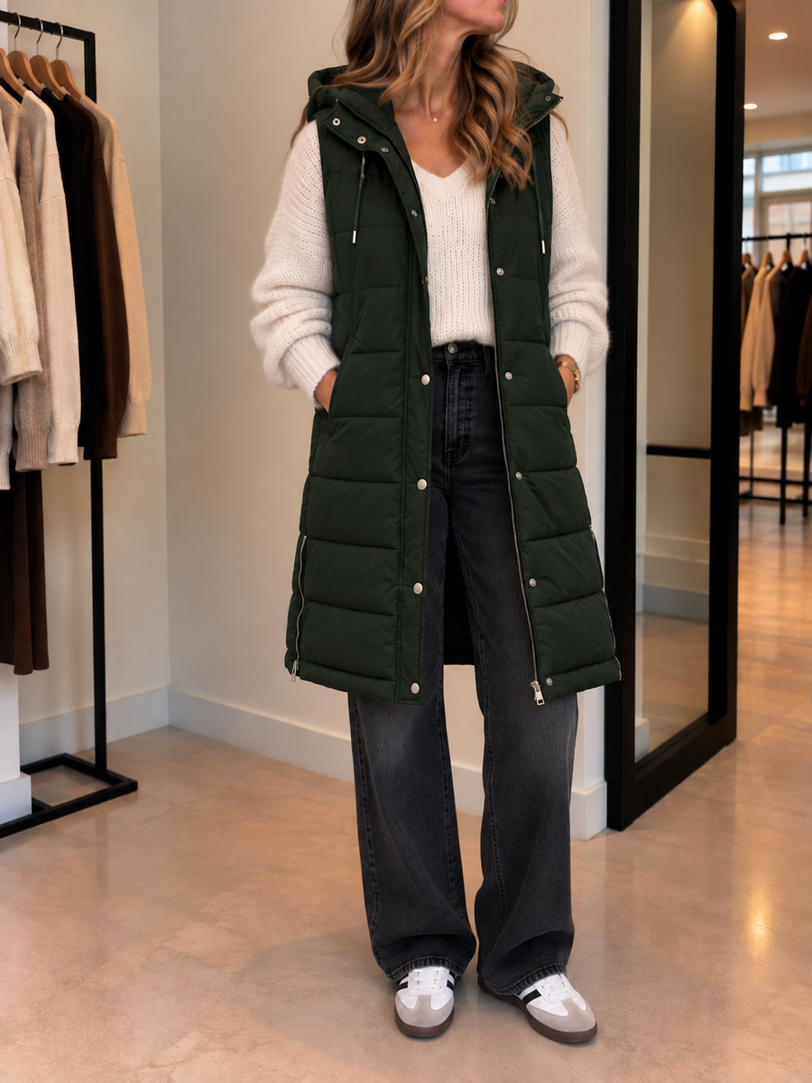 Rhea Long Quilted Hooded Vest