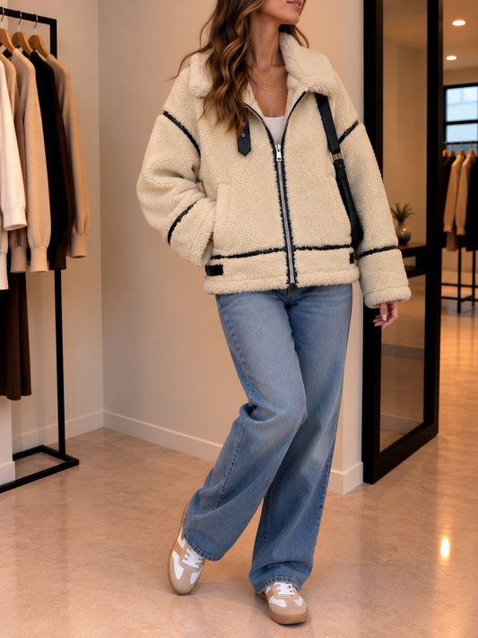 Malena Contrast Stitch Sherpa Zip Jacket