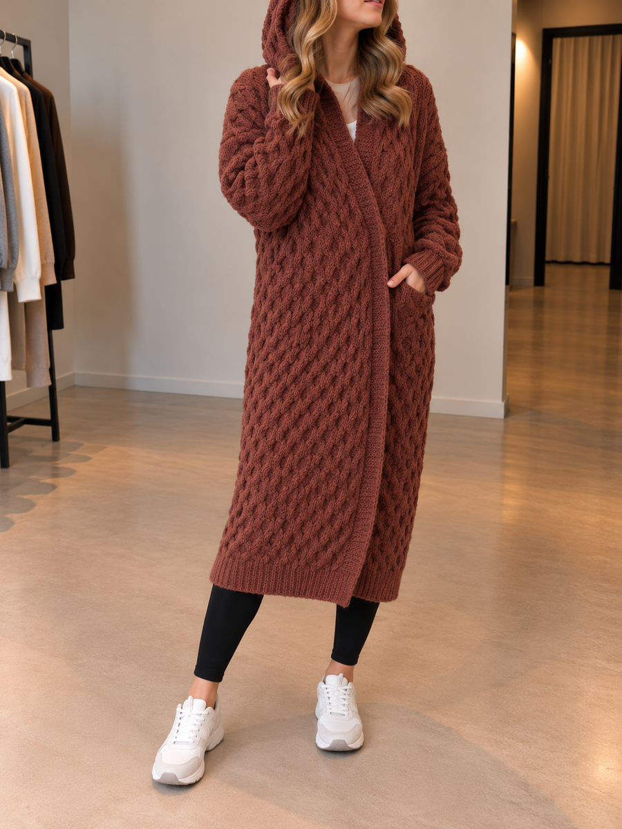 Maike Long Cable Knit Belted Hooded Cardigan