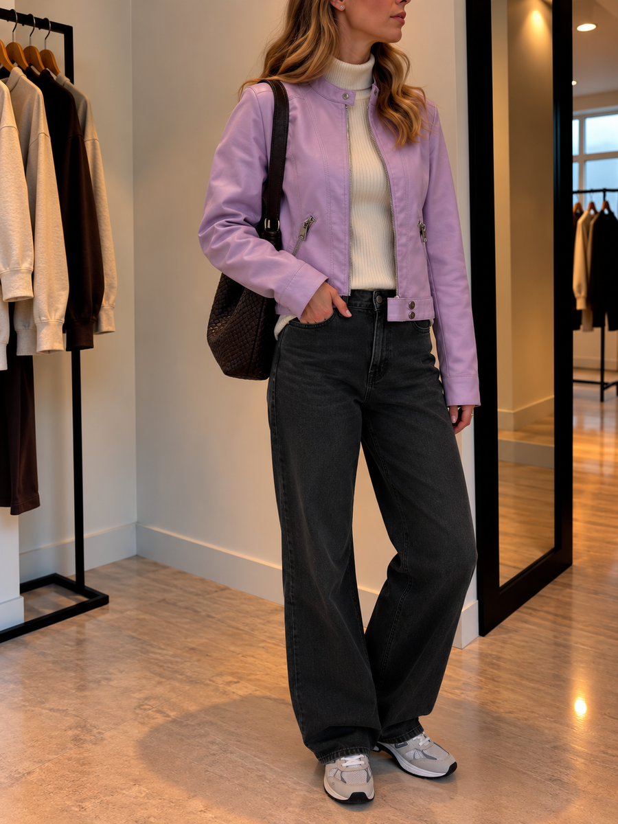 Fatima Cropped Faux Leather Moto Jacket