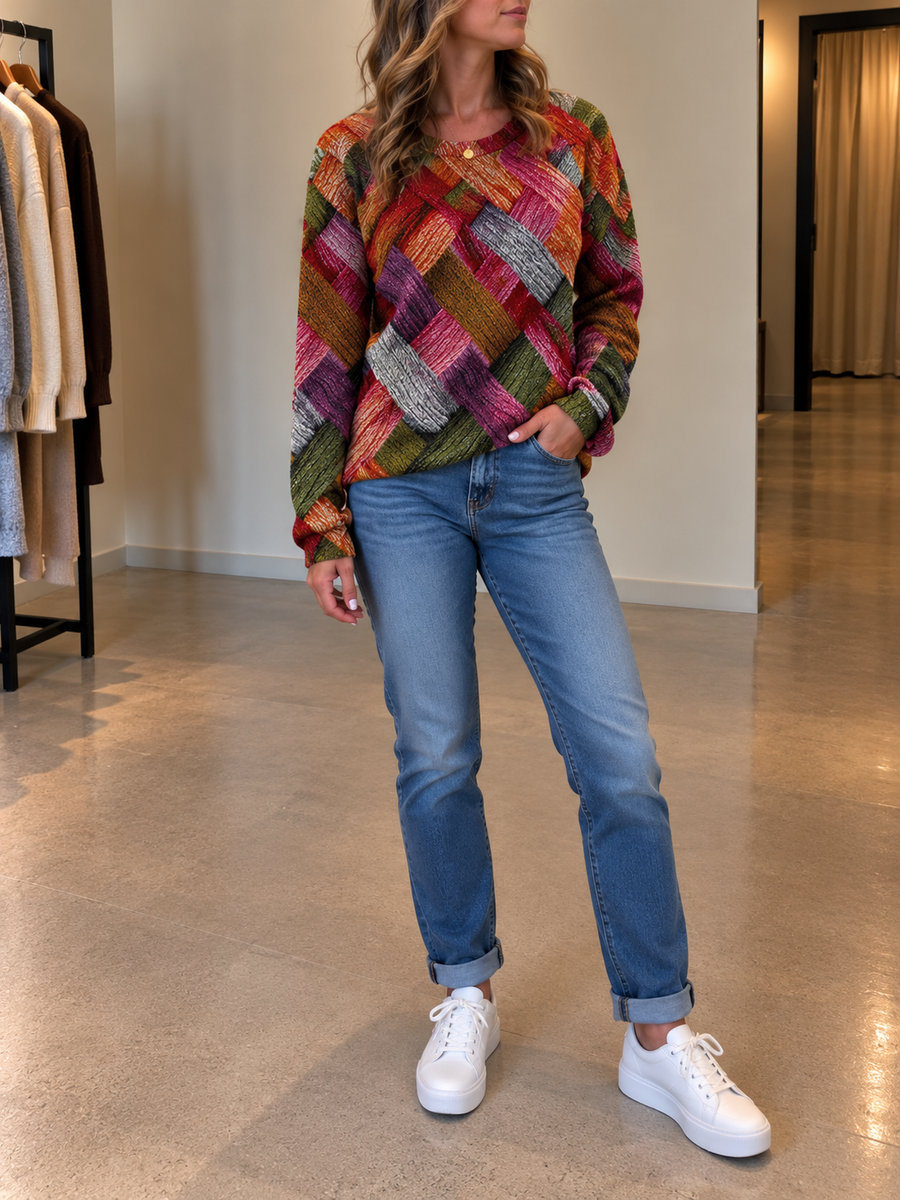 Hedwig Patchwork Plaid Crew Neck Sweater