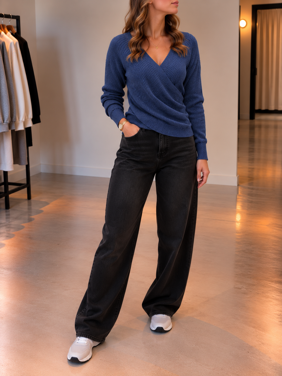 Miruna Wrap Front Ribbed Cotton Sweater