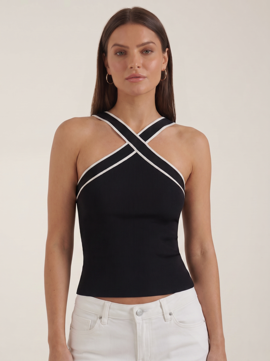 Nia Crossover Halter Neck Ribbed Top