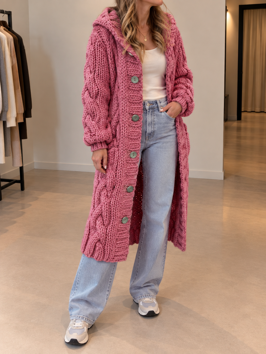 Valora Long Cable Knit Hooded Cardigan
