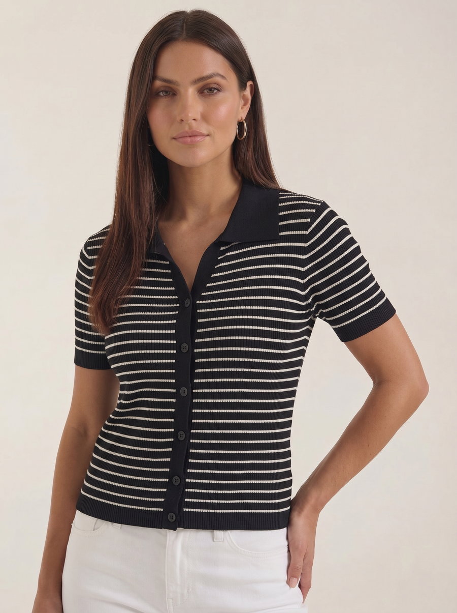 Edith Striped Knit Polo Top