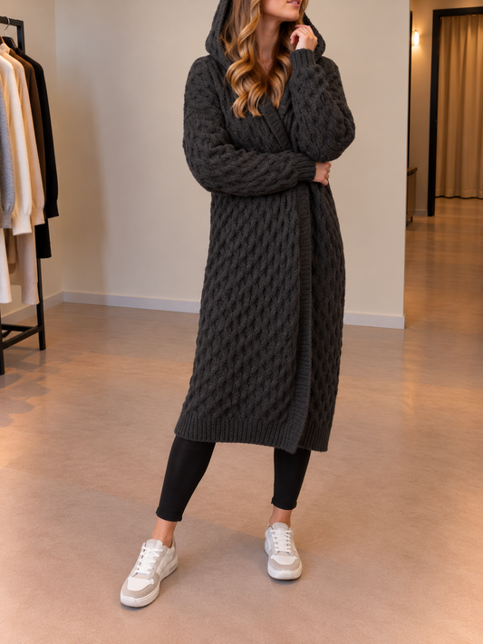 Maike Long Cable Knit Belted Hooded Cardigan