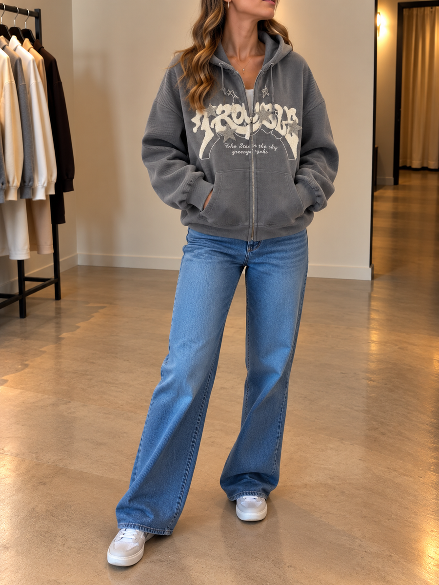 Inge Embroidered Ribbed Zip Up Hoodie