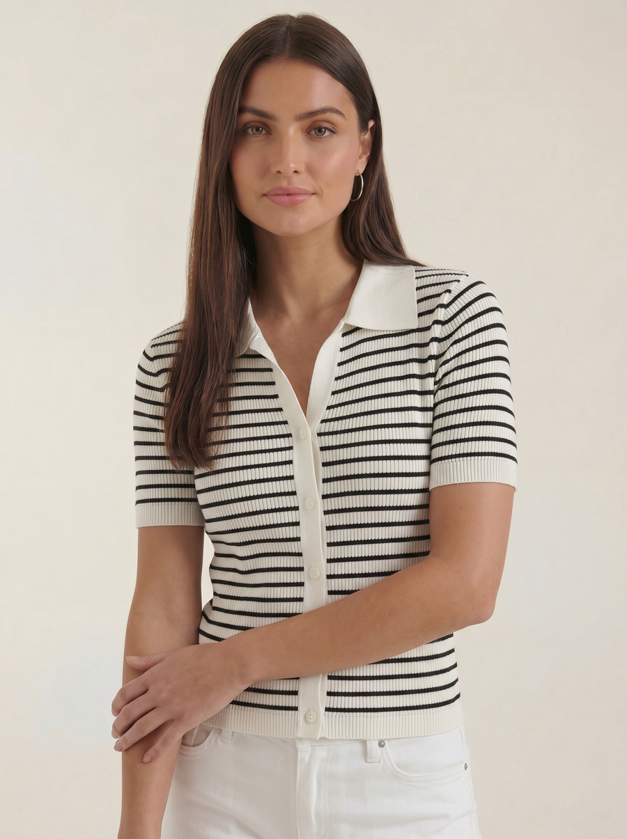Edith Striped Knit Polo Top
