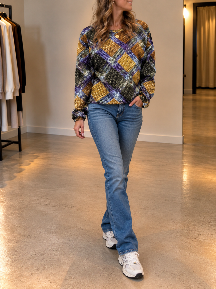 Hedwig Patchwork Plaid Crew Neck Sweater